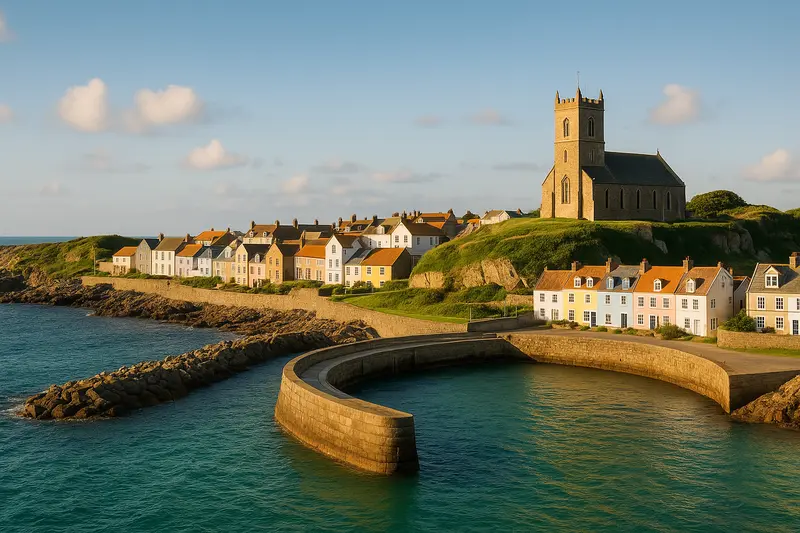 Alderney harbour village with colourful houses and St Anne's church on the clifftop