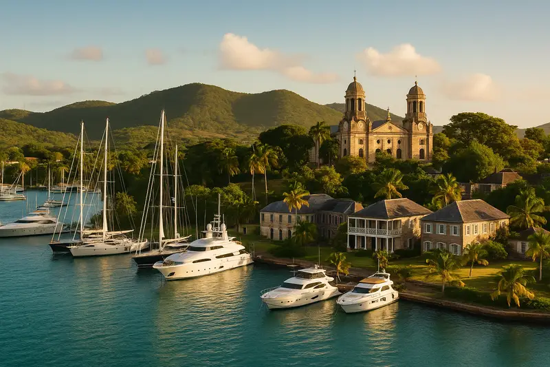 English Harbour, Antigua and Barbuda, with yachts moored beside a historic cathedral and colonial buildings