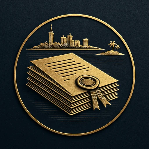 Engraved gold medallion of official documents with the Bahamas skyline
