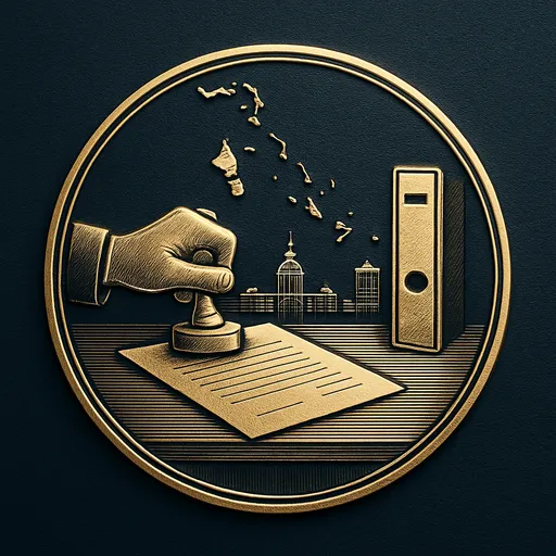 Engraved gold medallion of a document being filed with the Bahamas skyline