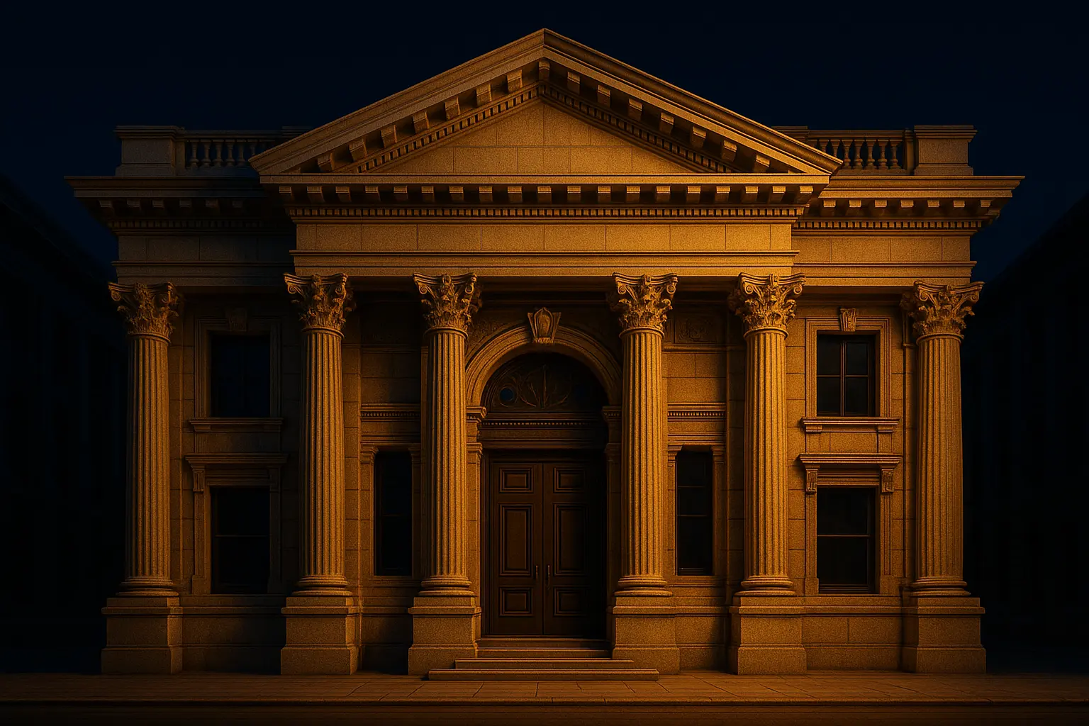 Classical bank facade with ornate stone columns, warm golden light against a deep navy night sky