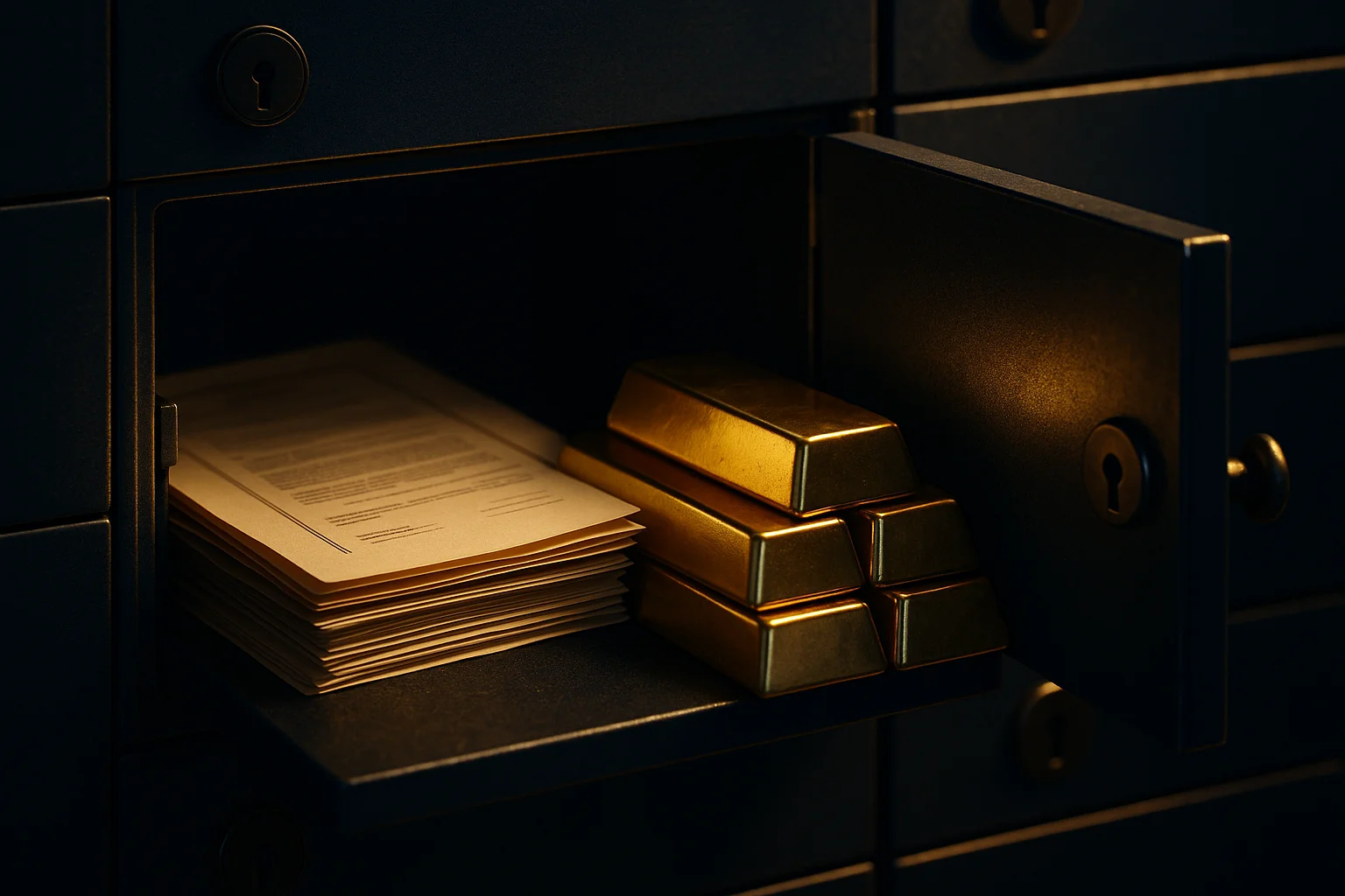 Open bank safety deposit box containing golden bullion bars and official documents, warm low-key studio lighting