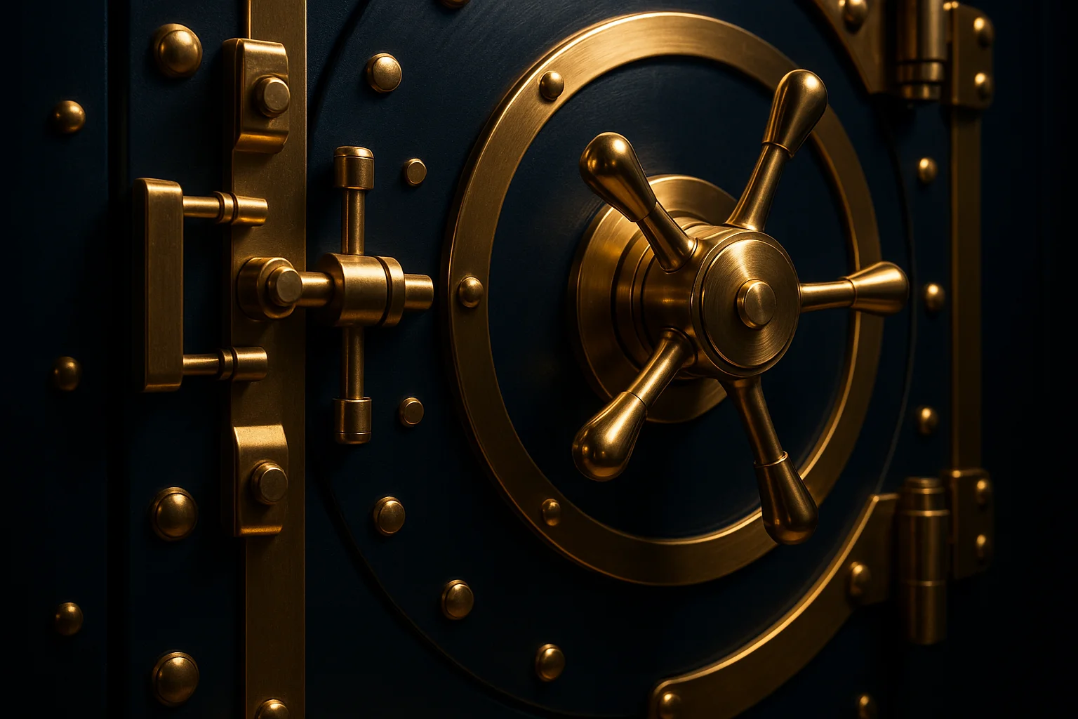 Massive polished gold bank vault door with a steering-wheel-style locking mechanism, warm low-key studio lighting with golden highlights