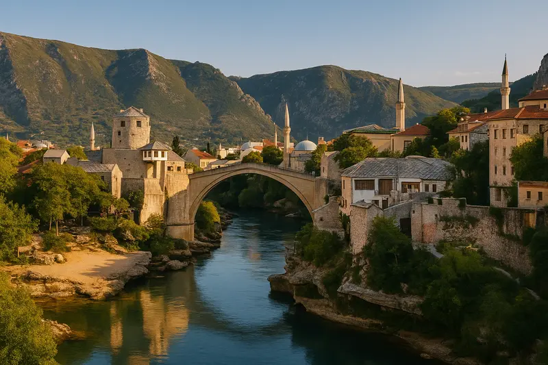 Bosnia and Herzegovina The Old Bridge (Stari Most) of Mostar, Bosnia and Herzegovina, spanning the Neretva River at golden hour