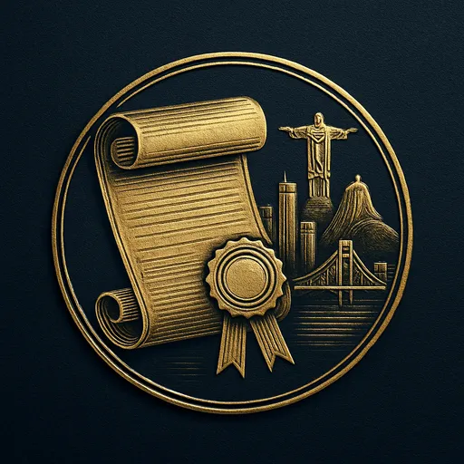 Engraved gold medallion of an ornate certificate with the Brazil skyline