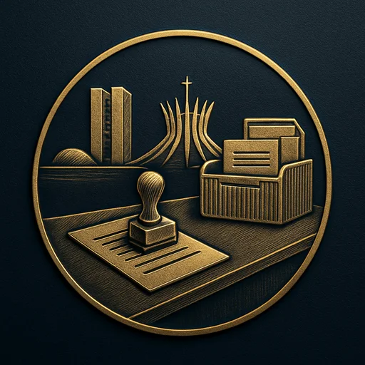 Engraved gold medallion of a document being filed with the Brazil skyline