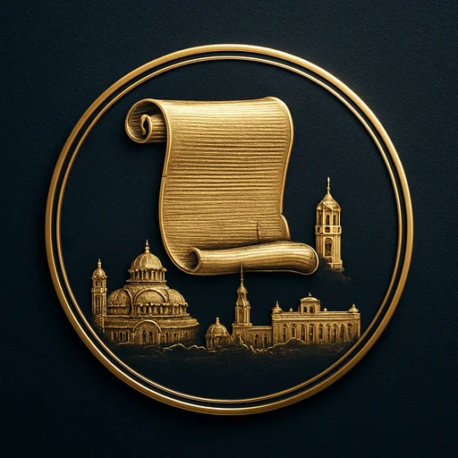 Engraved gold medallion of an ornate certificate with the Bulgaria skyline