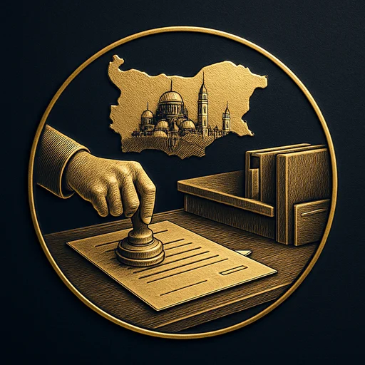 Engraved gold medallion of a document being filed with the Bulgaria skyline