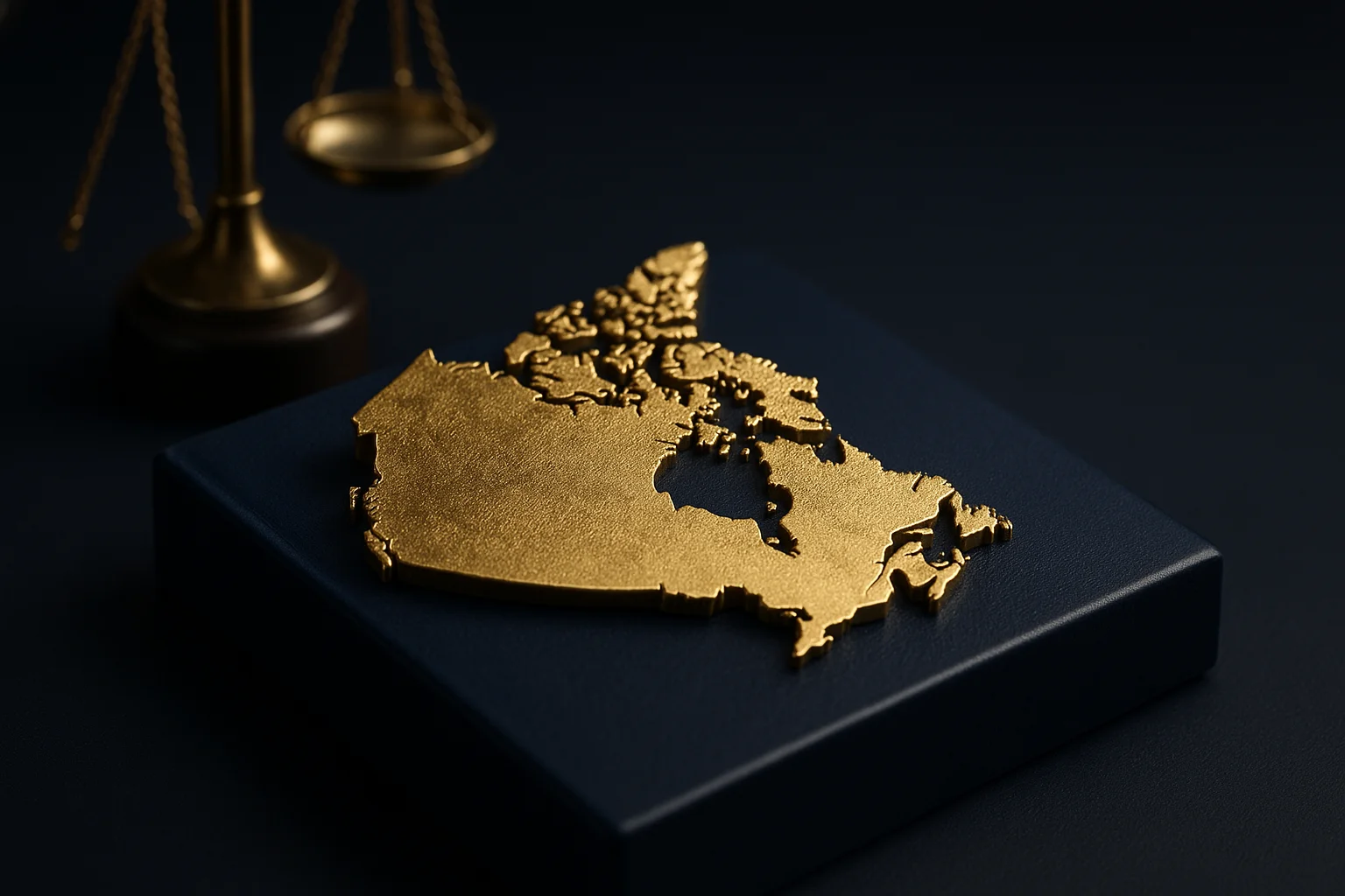 Gilded relief map and metallic skyline silhouette of Canada on a navy base, studio-lit still life