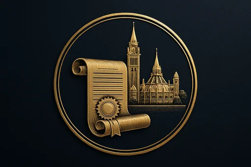 Engraved gold medallion of an ornate certificate with the Canada skyline