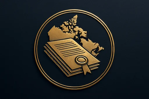 Engraved gold medallion of official documents with the Canada skyline
