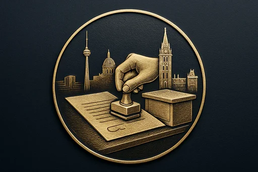 Engraved gold medallion of a document being filed with the Canada skyline