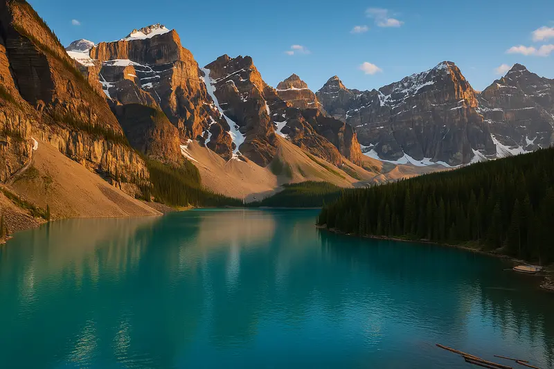 Moraine Lake turquoise waters framed by the Canadian Rockies in Banff National Park
