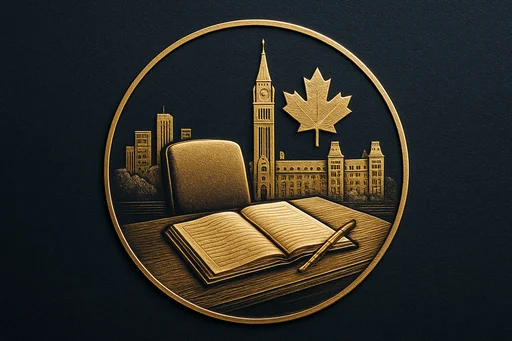 Engraved gold medallion of an appointment ledger with the Canada skyline