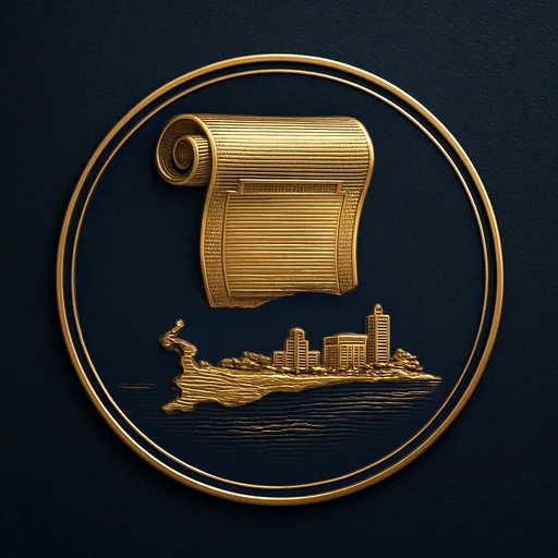 Engraved gold medallion of an ornate certificate with the Cayman Islands skyline
