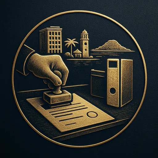 Engraved gold medallion of a document being filed with the Cayman Islands skyline
