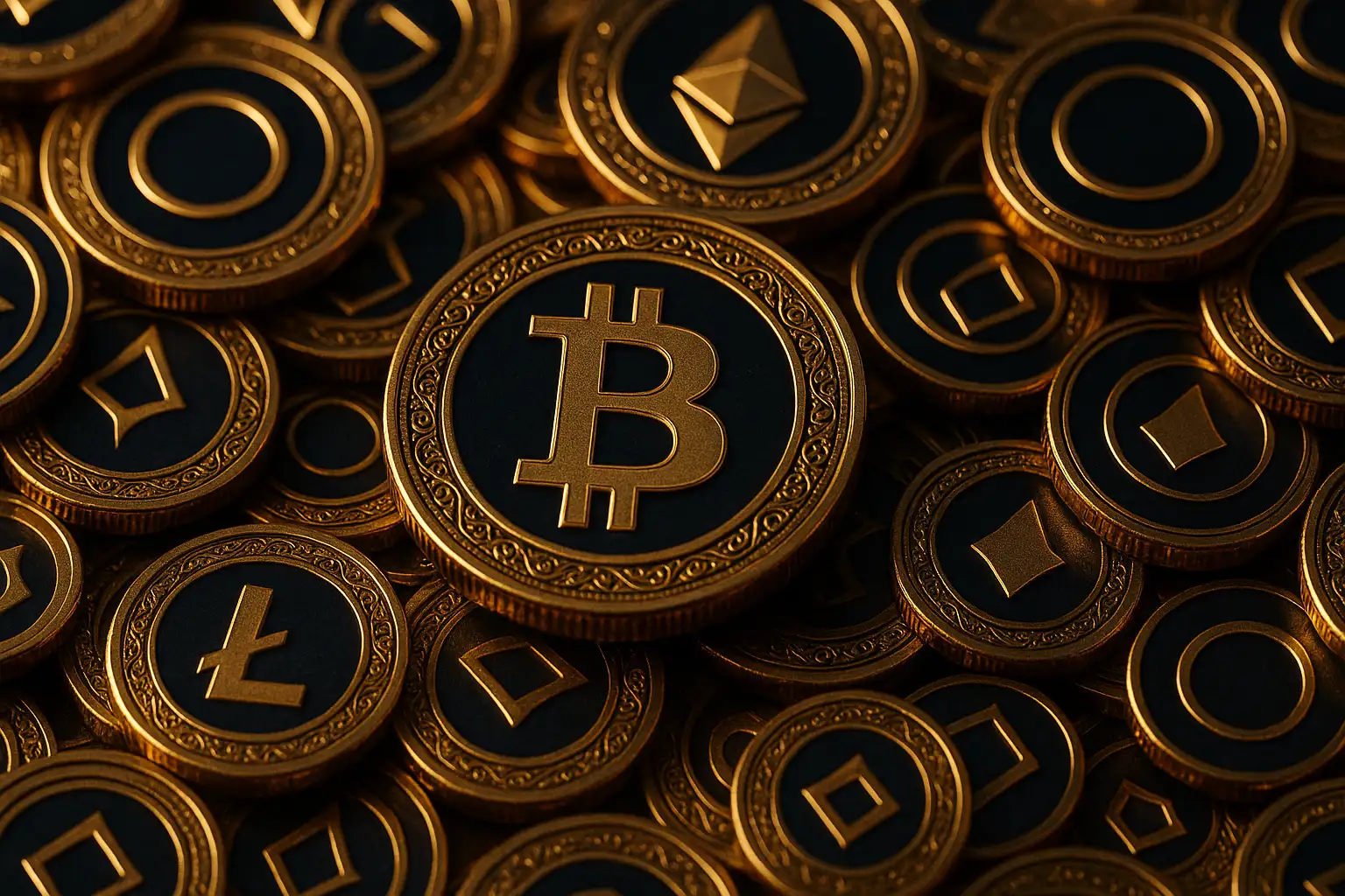 Dense frame-filling pile of golden cryptocurrency coins with dark navy enamel centres and engraved rims, a raised Bitcoin coin at the centre surrounded by Ethereum and Litecoin coins, warm low-key studio lighting