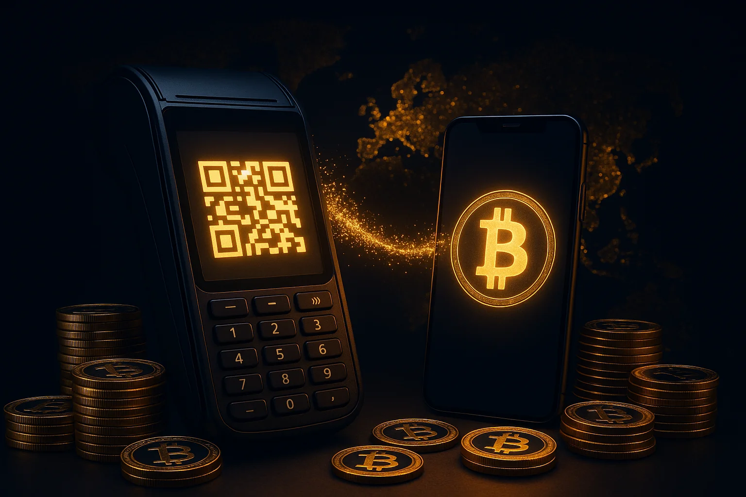Modern payment terminal with a glowing golden QR code beside a smartphone showing a glowing golden Bitcoin symbol, golden light particles connecting the two devices, cryptocurrency coins stacked around the base