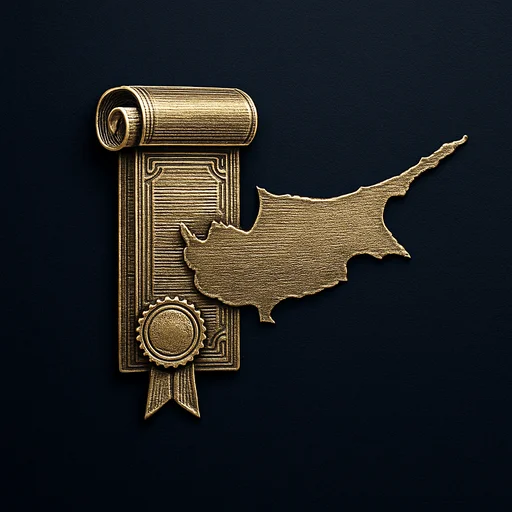 Step 3 Engraved gold medallion of an ornate certificate with the Cyprus skyline