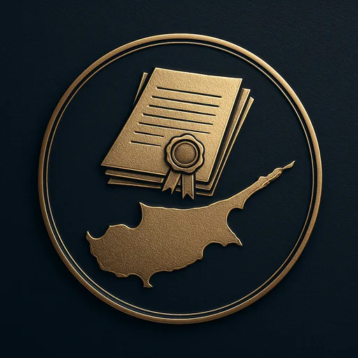 Step 1 Engraved gold medallion of official documents with a wax seal and the Cyprus island silhouette (new square test format, no skyline -- style not yet matched to Cyprus's other 4 steps)
