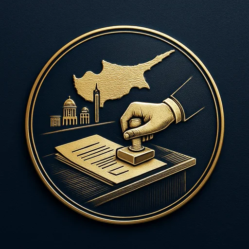 Step 2 Engraved gold medallion of a document being filed with the Cyprus skyline