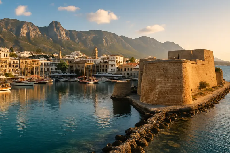 Cyprus Kyrenia harbour and castle, Cyprus, at golden hour, with fishing boats moored along the waterfront