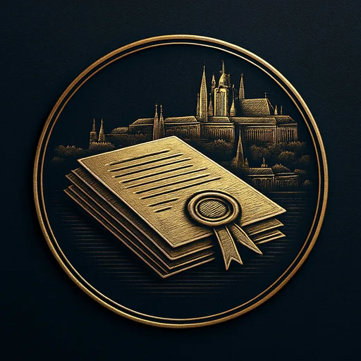 Step 1 Engraved gold medallion of official documents with the Czech Republic skyline