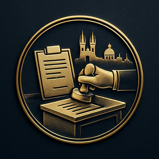 Step 2 Engraved gold medallion of a document being filed with the Czech Republic skyline