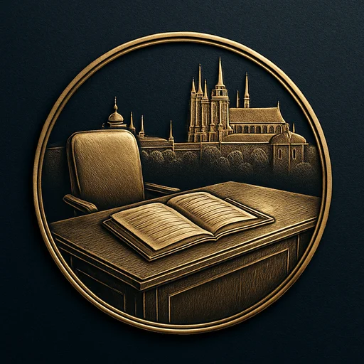 Step 4 Engraved gold medallion of an appointment ledger with the Czech Republic skyline
