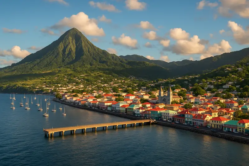 Roseau, Dominica, a colourful coastal town beneath a conical volcanic peak, with sailboats in the bay