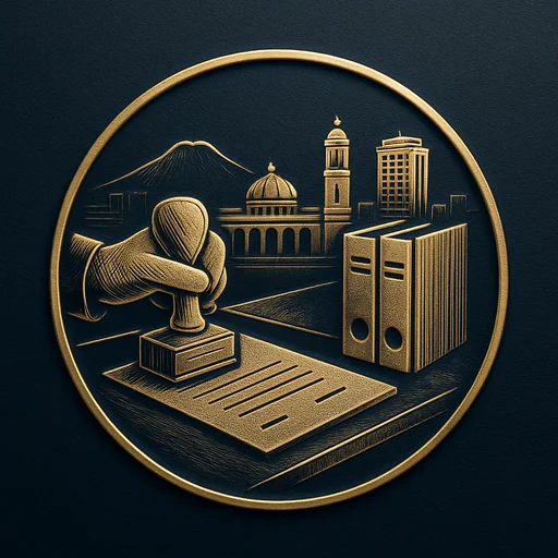 Engraved gold medallion of a document being filed with the El Salvador skyline