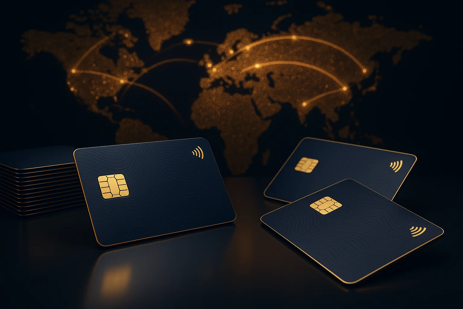 Three premium dark navy payment cards lying flat at dynamic angles with a thin gold perimeter edge, embossed gold EMV chip and contactless symbol, guilloche wave texture, over a glowing golden world map backdrop