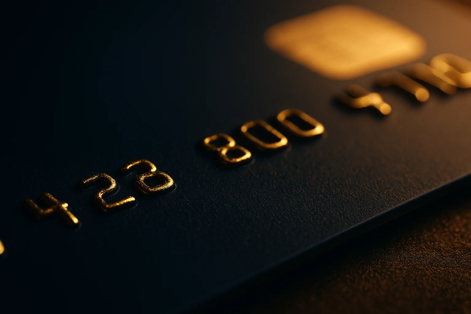 Golden embossed account numbers engraved on a dark navy premium surface beside a payment card