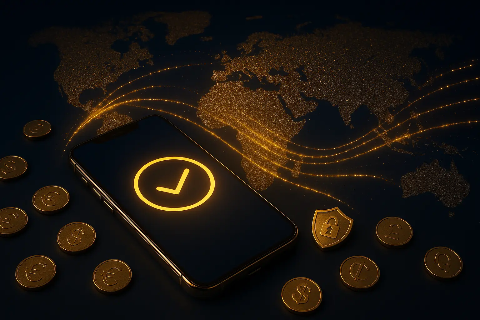 Premium smartphone glowing with a golden checkmark, golden arcs of light representing transfers over a world map of golden particles, currency-symbol coins and a security shield beside it