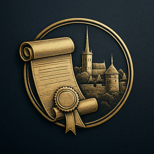 Engraved gold medallion of an ornate certificate with the Estonia skyline