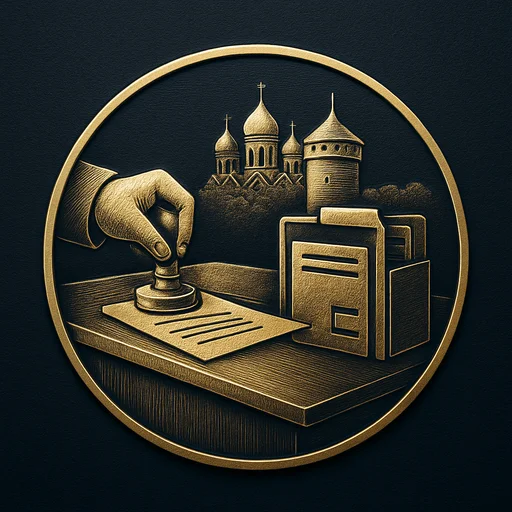 Engraved gold medallion of a document being filed with the Estonia skyline