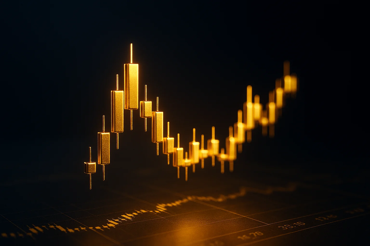 Volumetric glowing golden candlestick trading chart floating above a dark trading desk