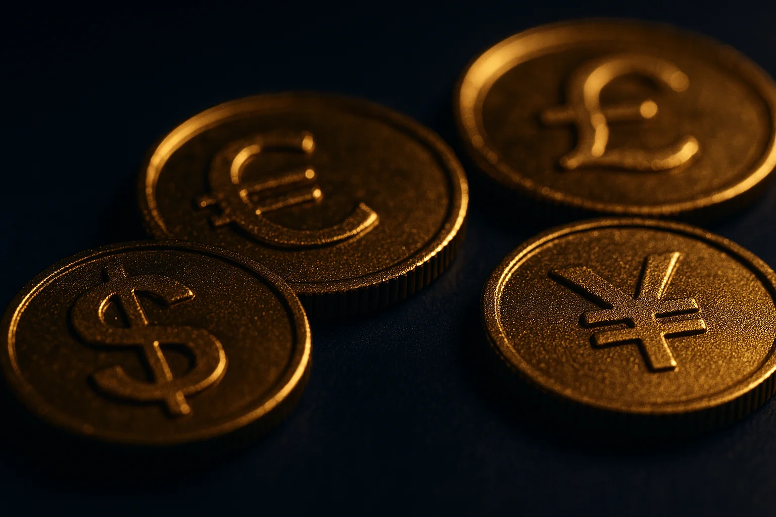 Golden coins embossed with world currency symbols arranged on a dark navy surface, warm studio lighting