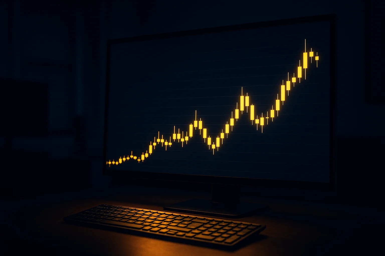 Modern trading monitor displaying a glowing golden candlestick chart in a dark navy night office setting
