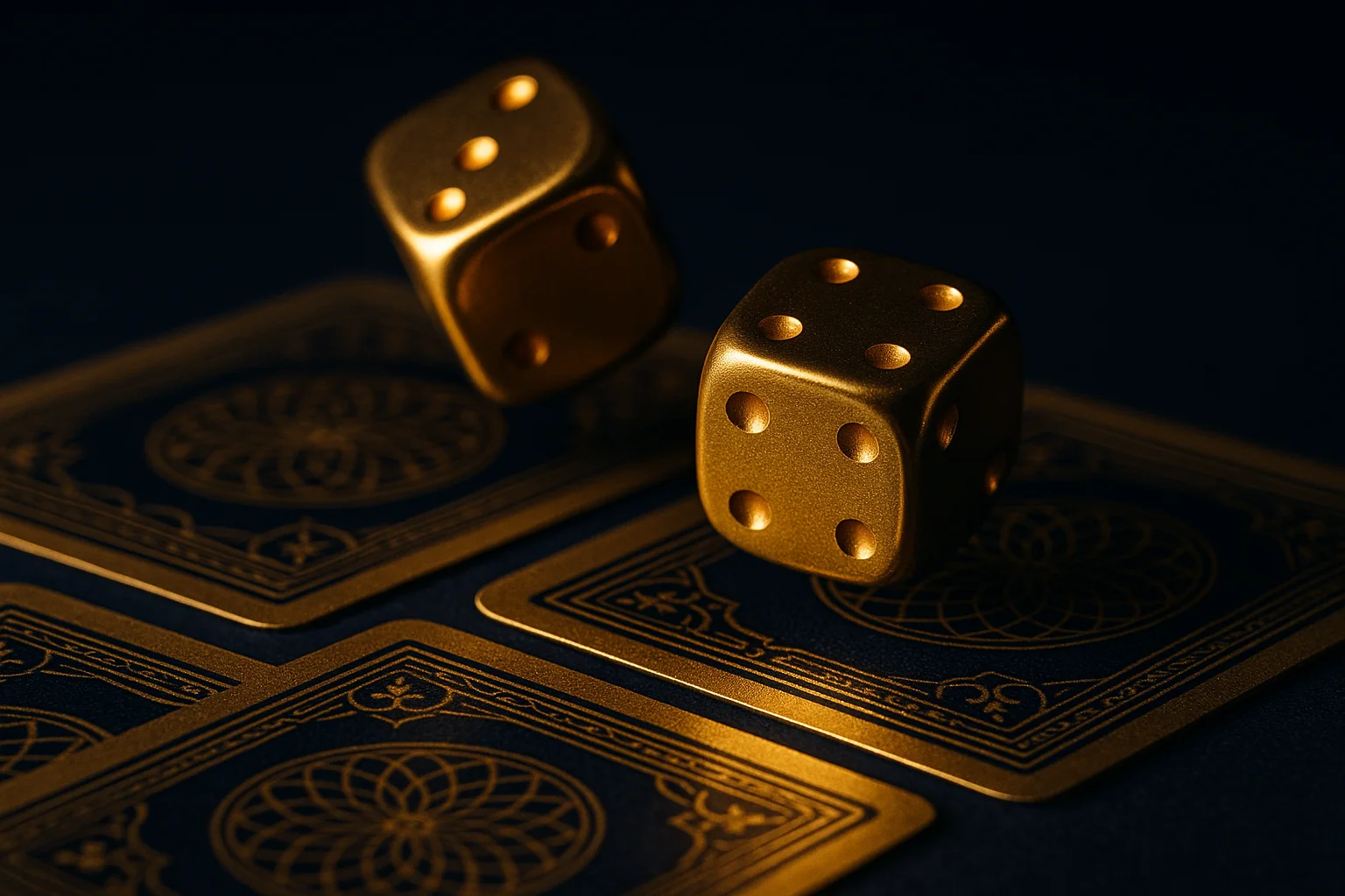 Playing cards with navy-and-gold patterned backs alongside golden dice in motion, warm low-key studio lighting