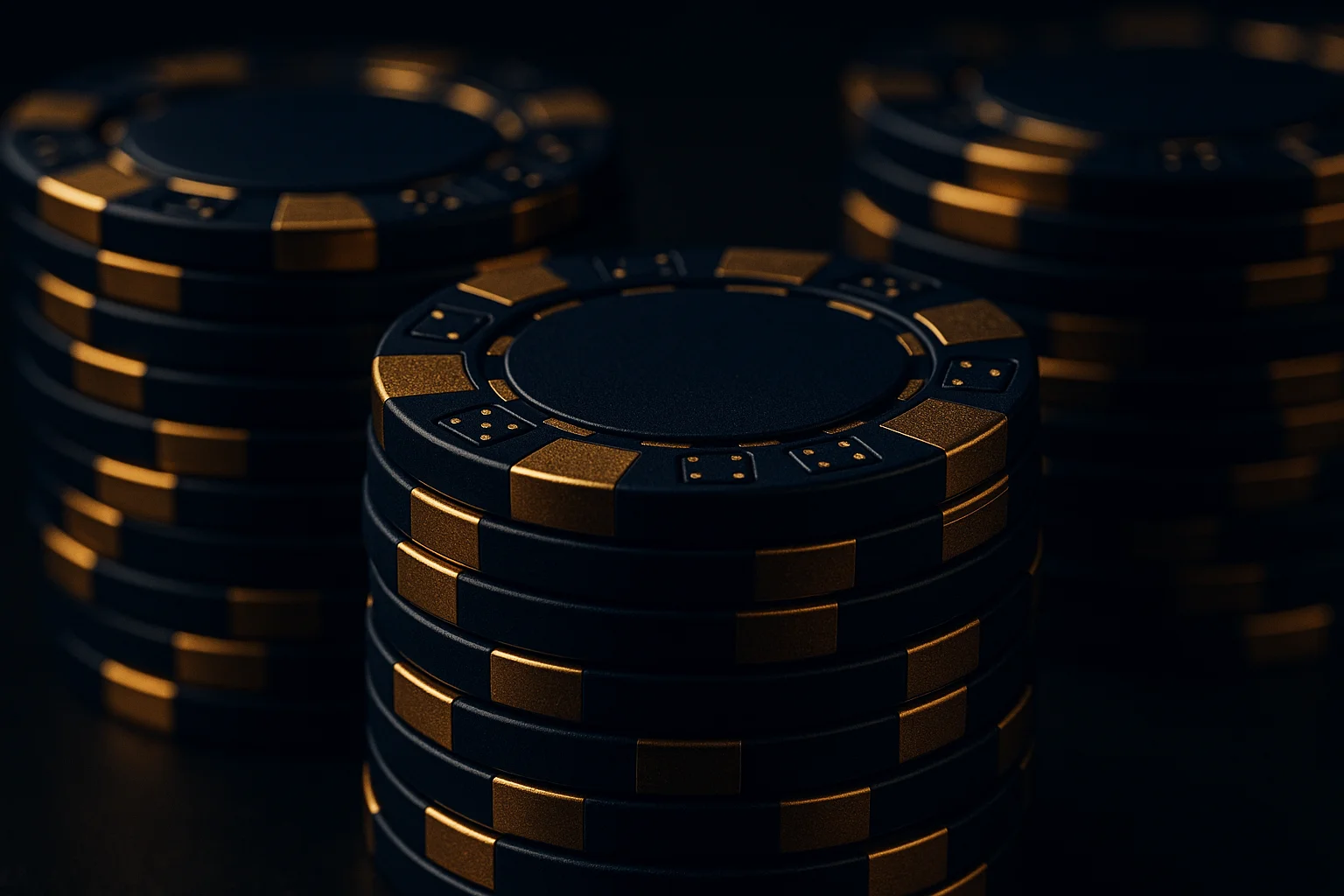 Stacked premium navy and gold casino chips, macro photography, warm low-key studio lighting