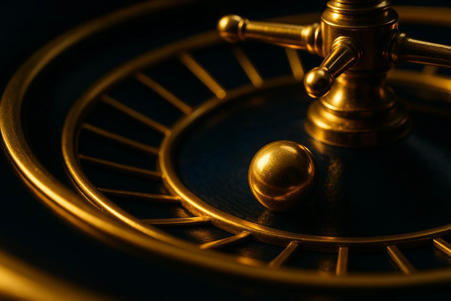 Close-up fragment of a roulette wheel with a golden ball in motion, warm low-key studio lighting