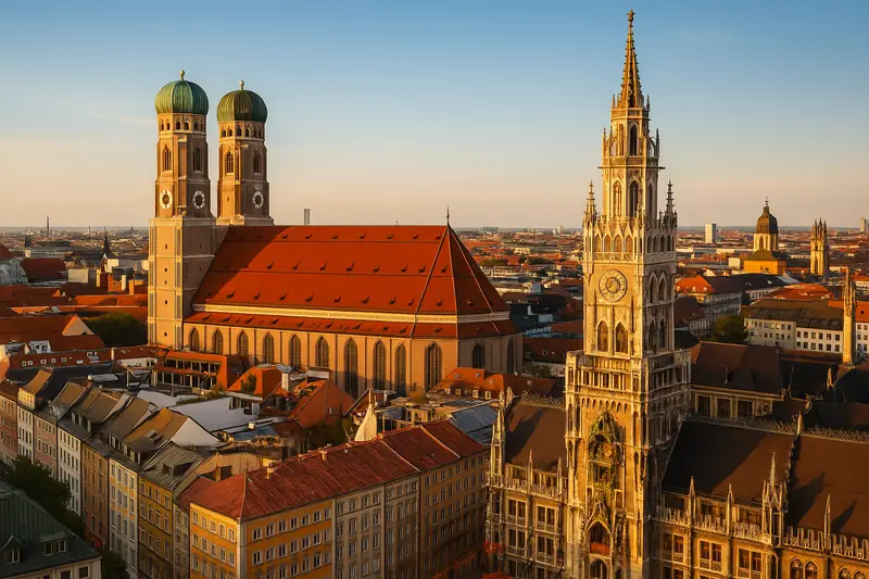 Germany Marienplatz in Munich, Germany, at golden hour, with the Frauenkirche twin towers and Neues Rathaus tower