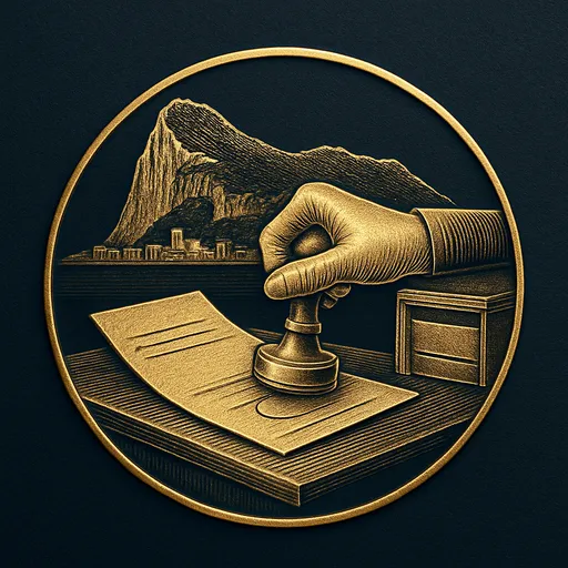 Step 2 Engraved gold medallion of a document being filed with the Gibraltar skyline