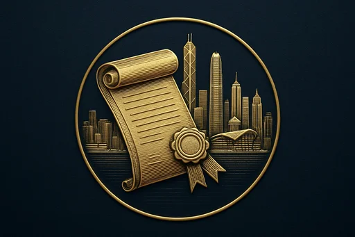 Engraved gold medallion of an ornate certificate with the Hong Kong skyline