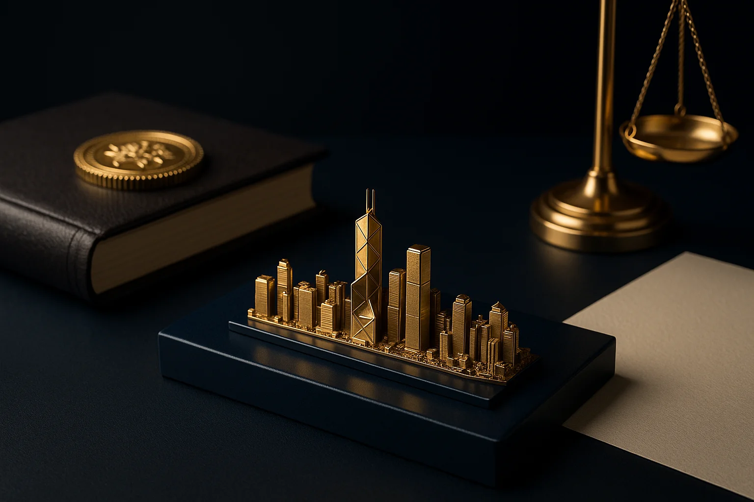 Gilded relief map and architectural scale model of a city skyline on a navy base, beside embossed incorporation documents and a gold corporate seal, studio-lit still life.