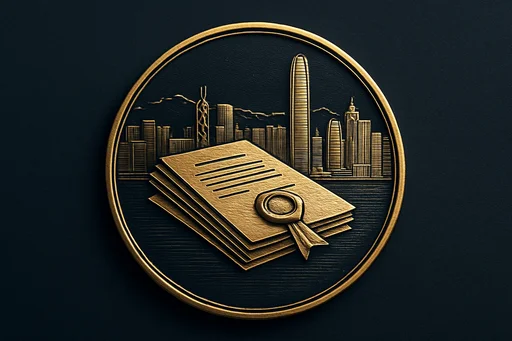 Engraved gold medallion of official documents with the Hong Kong skyline
