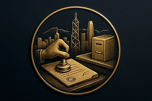 Engraved gold medallion of a document being filed with the Hong Kong skyline