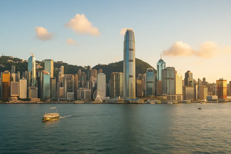 Hong Kong skyline and Victoria Harbour at golden hour, with the Star Ferry pier and Central district skyscrapers
