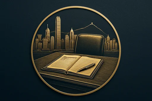 Engraved gold medallion of an appointment ledger with the Hong Kong skyline